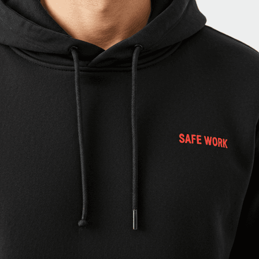 Close up of black high-quality heavyweight cotton hoodie with red minimalist logo branding