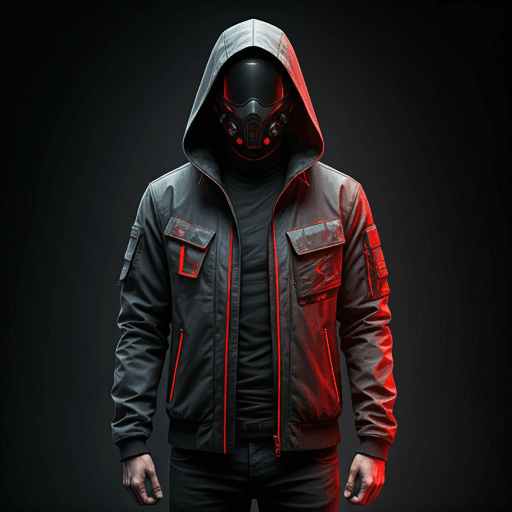 High fashion streetwear jacket in tech-noir style with red neon lighting accents and technical materials